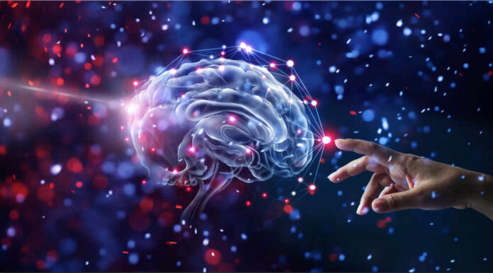 Hand,Touching,Brain,And,Network,Connection,On,Glitter,Bright,Lights