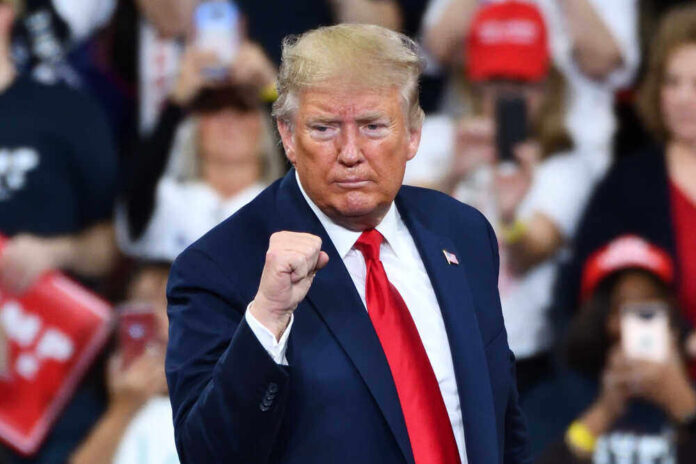 shutterstock_1585235176.jpg featured image Donald Trump at a rally, raising his fist.
