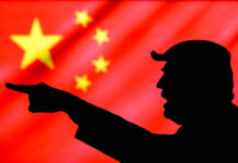 Silhouette pointing with Chinese flag background