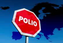 Red stop sign with polio against map background