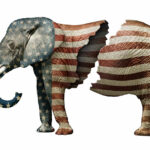 Elephant torn in two with American flag representing the Democrats