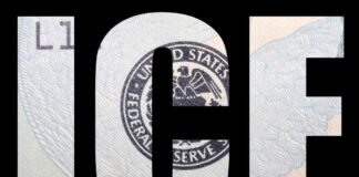 The word ICE over a dollar bill background