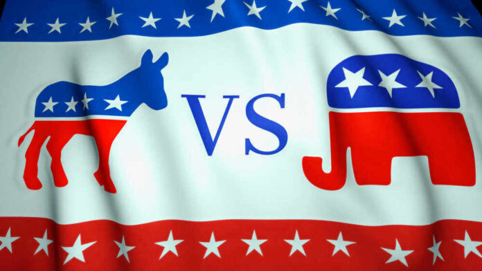 shutterstock_1807731076.jpg Democratic donkey vs Republican elephant