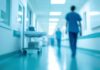 Blurred hospital corridor with medical staff walking