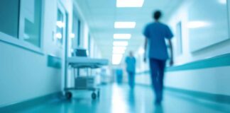 Blurred hospital corridor with medical staff walking