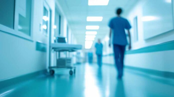 Blurred hospital corridor with medical staff walking