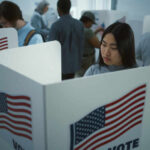 People voting in booths with American flags