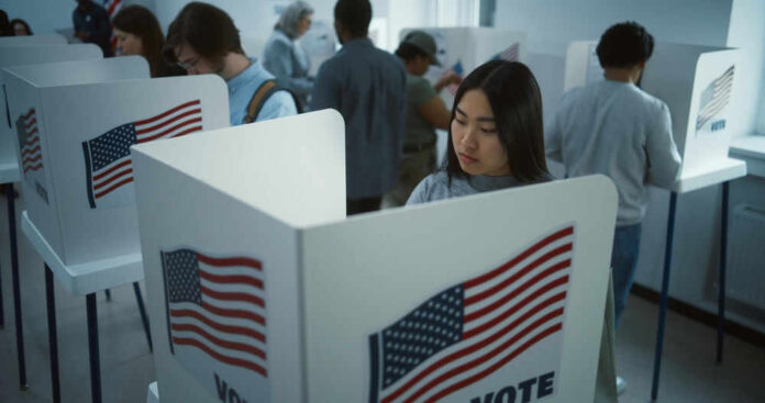 People voting in booths with American flags