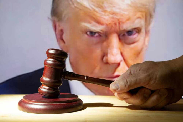 Gavel in front of Donald Trumps face on screen