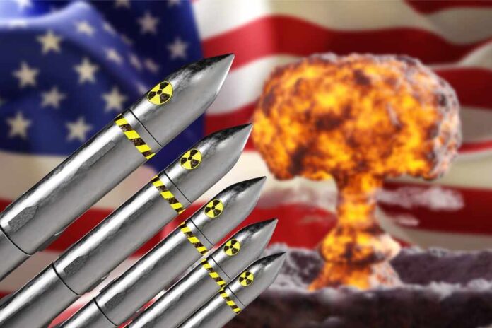 Nuclear missiles in front of an explosion and American flag