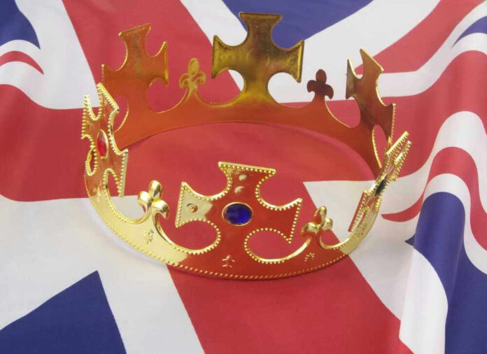 Gold crown on a Union Jack flag.