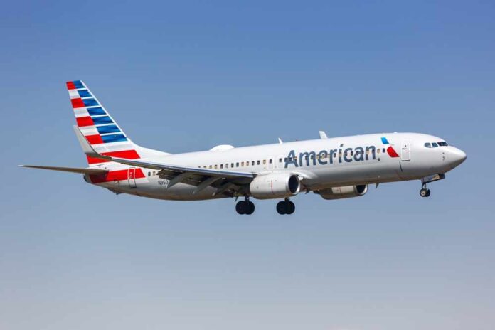 An American Airlines airplane in flight approaching for landing