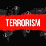 Graphic representation of terrorism with peace symbols and a bold red stripe