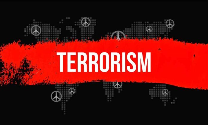 shutterstock_645862684.jpg Graphic representation of terrorism with peace symbols and a bold red stripe