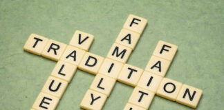 Scrabble tiles arranged to spell out words related to family values