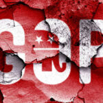 GOP logo with a cracked red background.