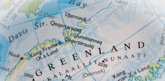 Close-up of a map showing Greenland and its geographical features
