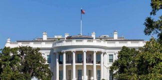 White House with trees and fountain.