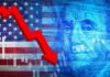 Graph showing a downward trend overlaid on an American flag and currency imagery
