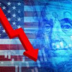 Graph showing a downward trend overlaid on an American flag and currency imagery