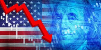 Graph showing a downward trend overlaid on an American flag and currency imagery