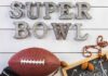 Decorative elements for Super Bowl including a football and chalkboard