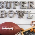 Decorative elements for Super Bowl including a football and chalkboard