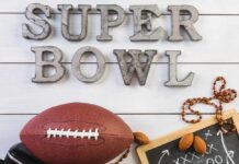 Decorative elements for Super Bowl including a football and chalkboard