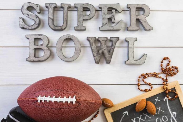 Decorative elements for Super Bowl including a football and chalkboard