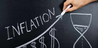 Chalkboard drawing of inflation with rising dollar symbols.