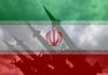 Silhouette of missiles in front of the Iranian flag