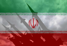 Silhouette of missiles in front of the Iranian flag