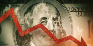 Red downward arrow over Benjamin Franklin on US dollar.