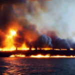 Large ship engulfed in flames on the ocean.