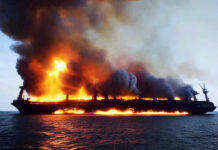 Large ship engulfed in flames on the ocean.