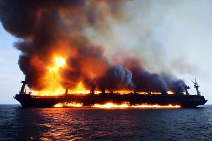 Large ship engulfed in flames on the ocean.