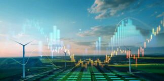 A digital representation of wind turbines with overlaid financial data graphs