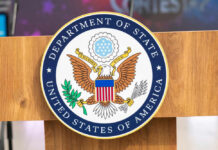 United States Department of State seal on podium