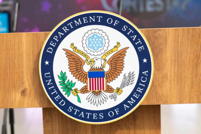 United States Department of State seal on podium
