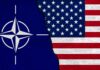 Trump Blasts NATO NATO flag on the left and USA flag on the right, with a torn effect in the middle