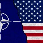 NATO flag on the left and USA flag on the right, with a torn effect in the middle