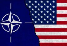 Trump Blasts NATO NATO flag on the left and USA flag on the right, with a torn effect in the middle