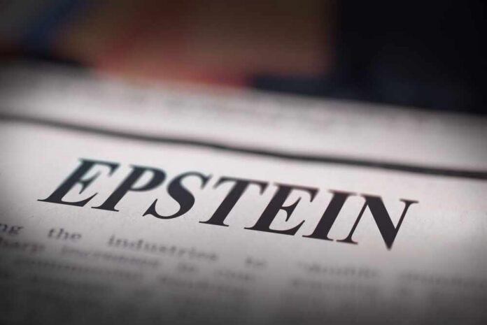 Close-up of a newspaper headline reading 'EPSTEIN'