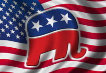 GOP Power Couple Shattered by Deadly Hit-and-Run Republican Party elephant logo on American flag background.