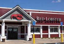 Exterior view of a Red Lobster restaurant with a lobster sign