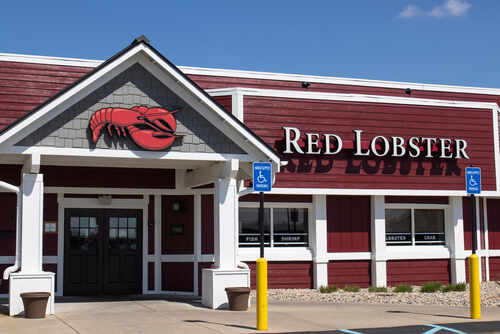 Exterior view of a Red Lobster restaurant with a lobster sign