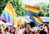 Person holding rainbow flags at a Pride event