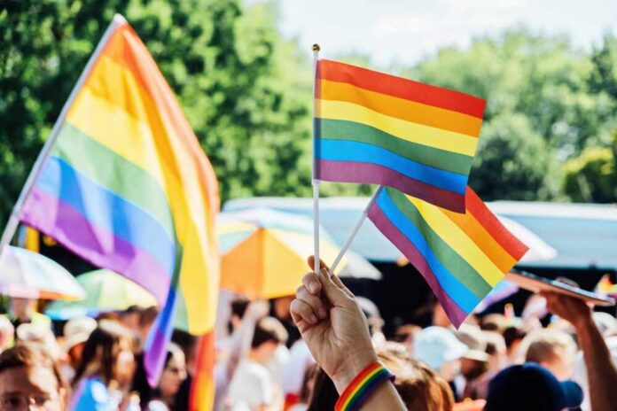 Person holding rainbow flags at a Pride event