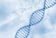 Illustration of a DNA double helix on a blue background