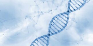 Illustration of a DNA double helix on a blue background